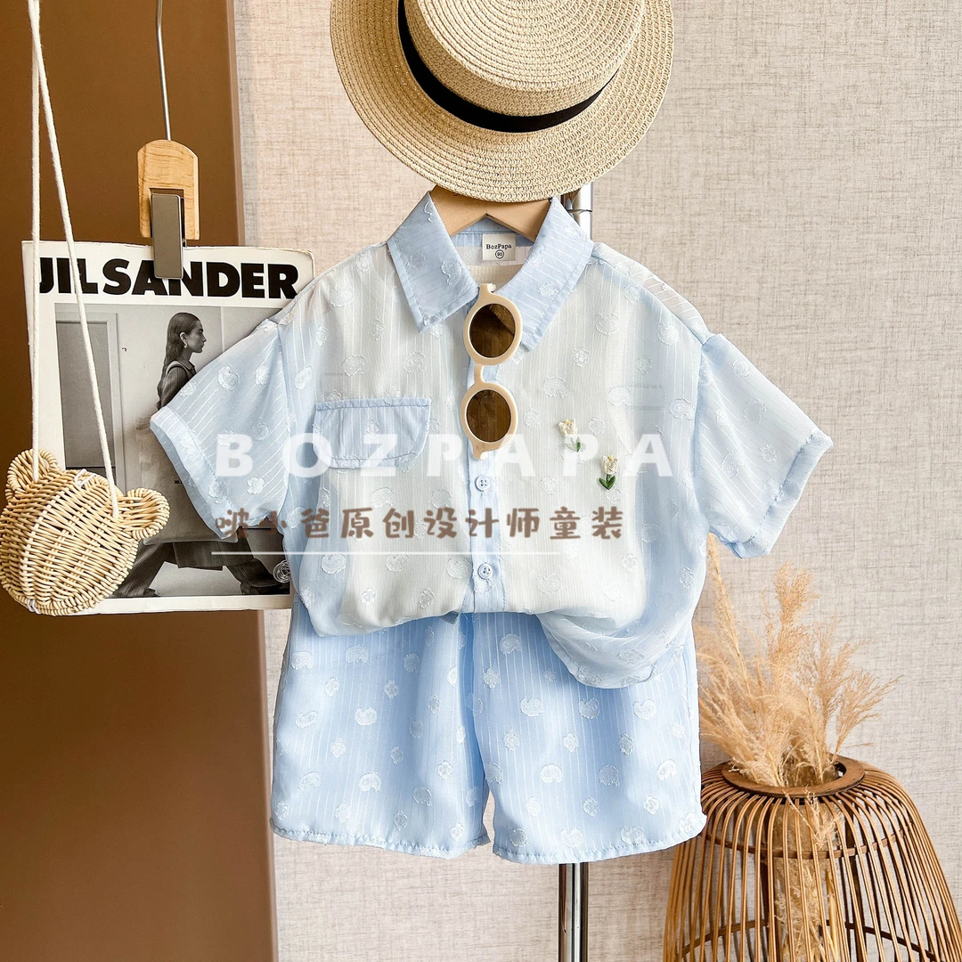现货啵小爸【海洋投影】2025夏季男童韩系休闲浅蓝色半透明衬衫套装