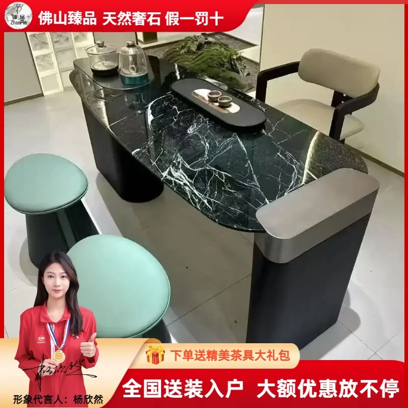 天然奢石意式极简茶台轻奢设计师别墅款轻奢款茶室禅意大花绿茶桌