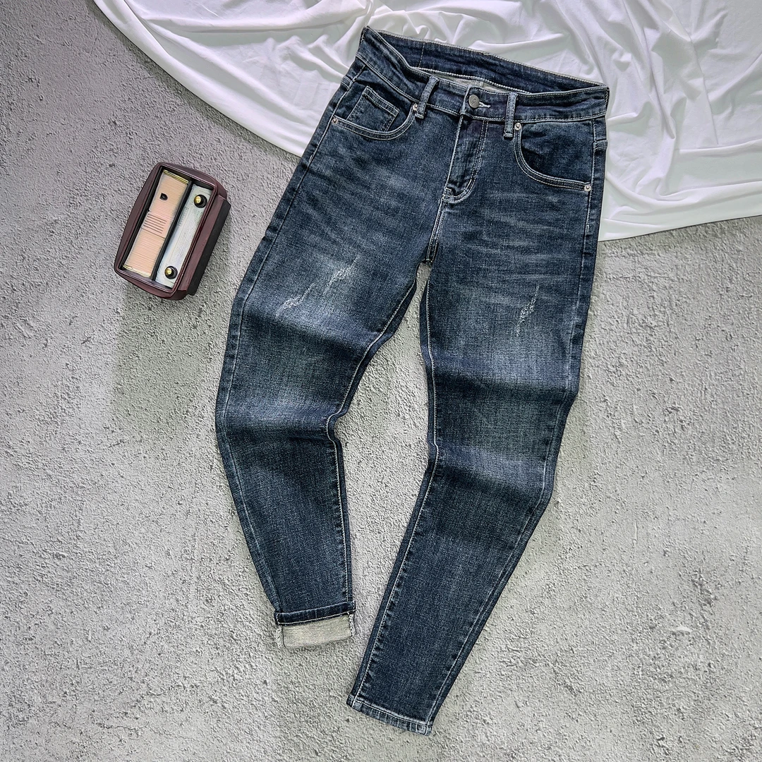 春秋新款做旧复古蓝牛仔裤男士潮牌简约刮烂修身小脚百搭九分长裤