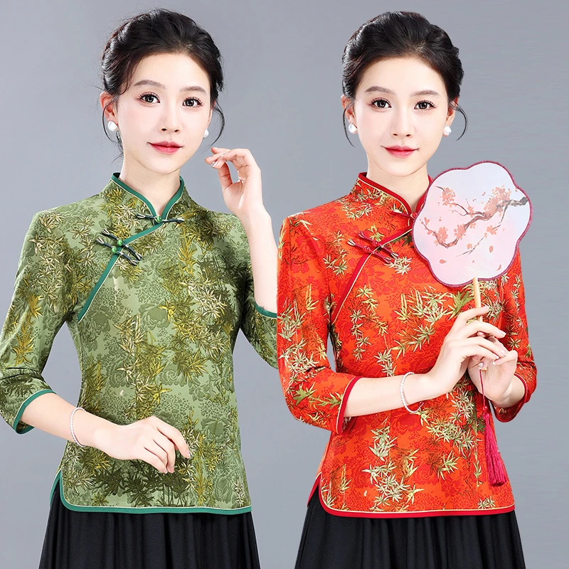 弹力唐装小衫女新款中老年妈妈夏装中袖衬衫显瘦透气改良旗袍上衣