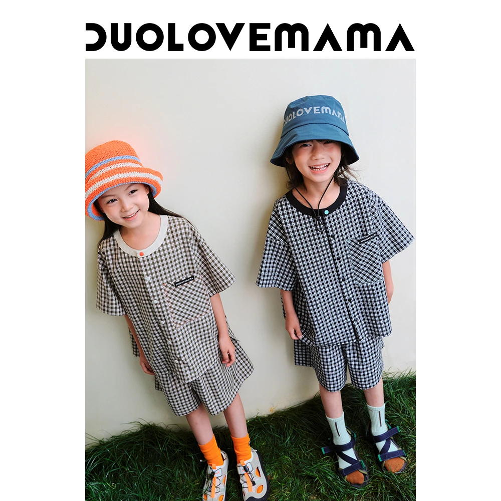 DUOLOVEMAMA 格纹刺绣休闲儿童衬衫套装男女童度假宽松直筒短裤夏