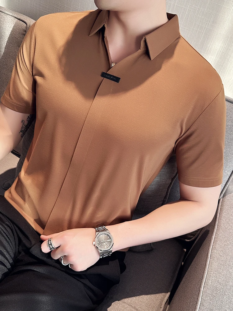 衬衫领短袖polo衫男士夏季夏装2025新款男装高级感商务痞帅V领T恤