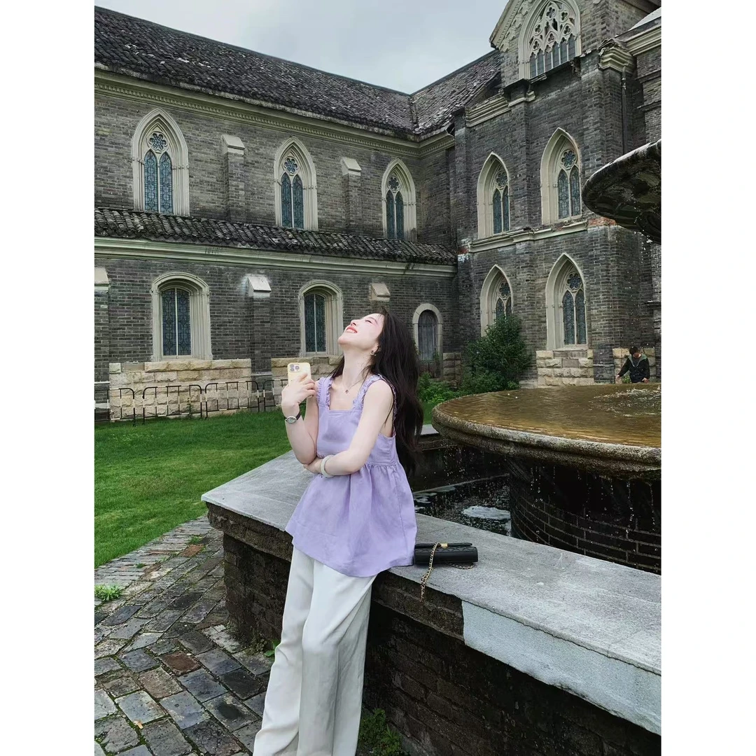 法式纯欲风紫色花边吊带背心女2025夏季新款小个子洋气超好看上衣