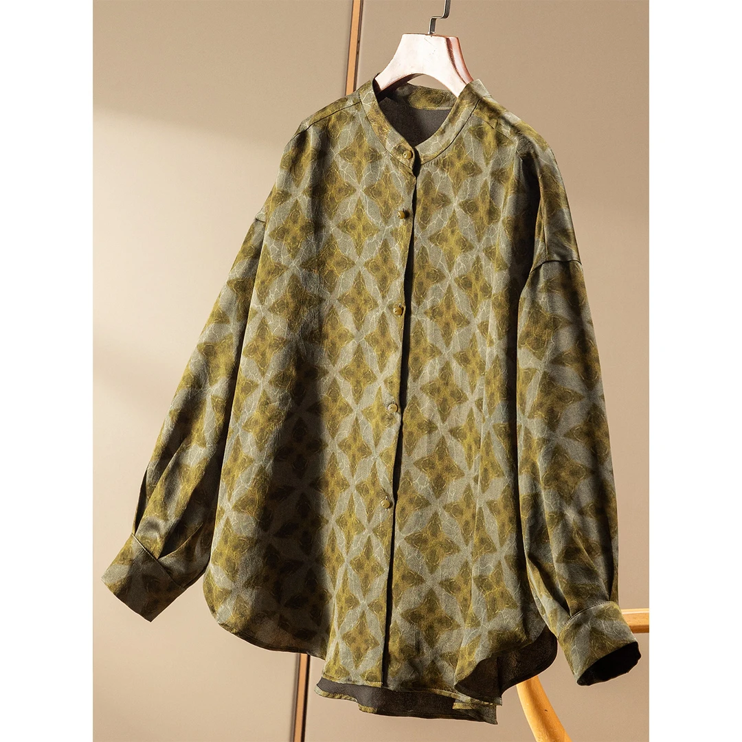 春天家 奢贵老风 新中式重磅真丝香云纱提花立领衬衫女81F2