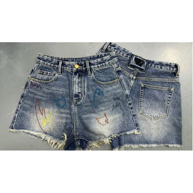 【MQ毛边牛仔短裤】2025夏新品涂鸦小怪兽做旧毛边流苏牛仔裤短裤