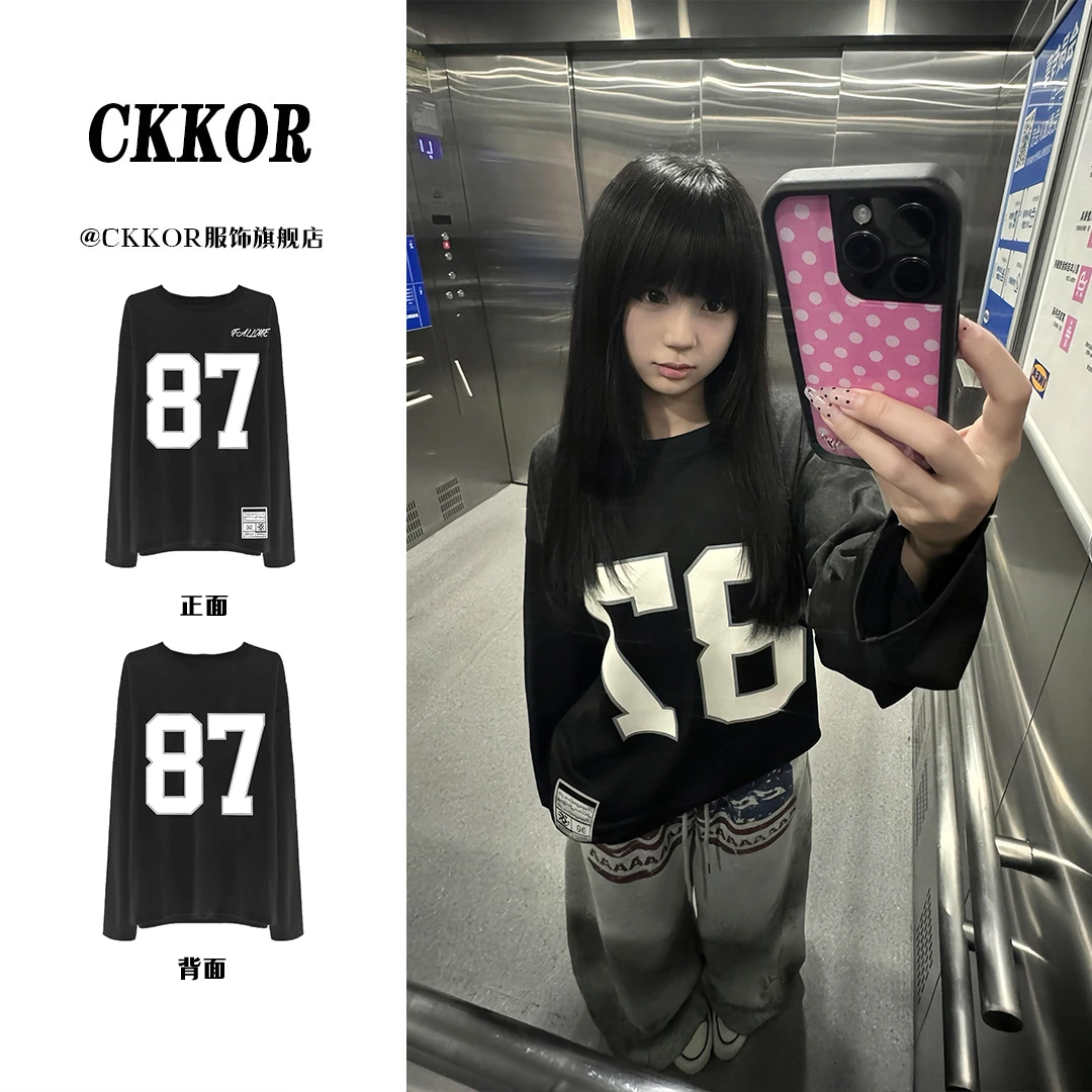 CKKOR春秋新款酷飒风圆领长袖t恤女美式复古oversize宽松潮流罩衫
