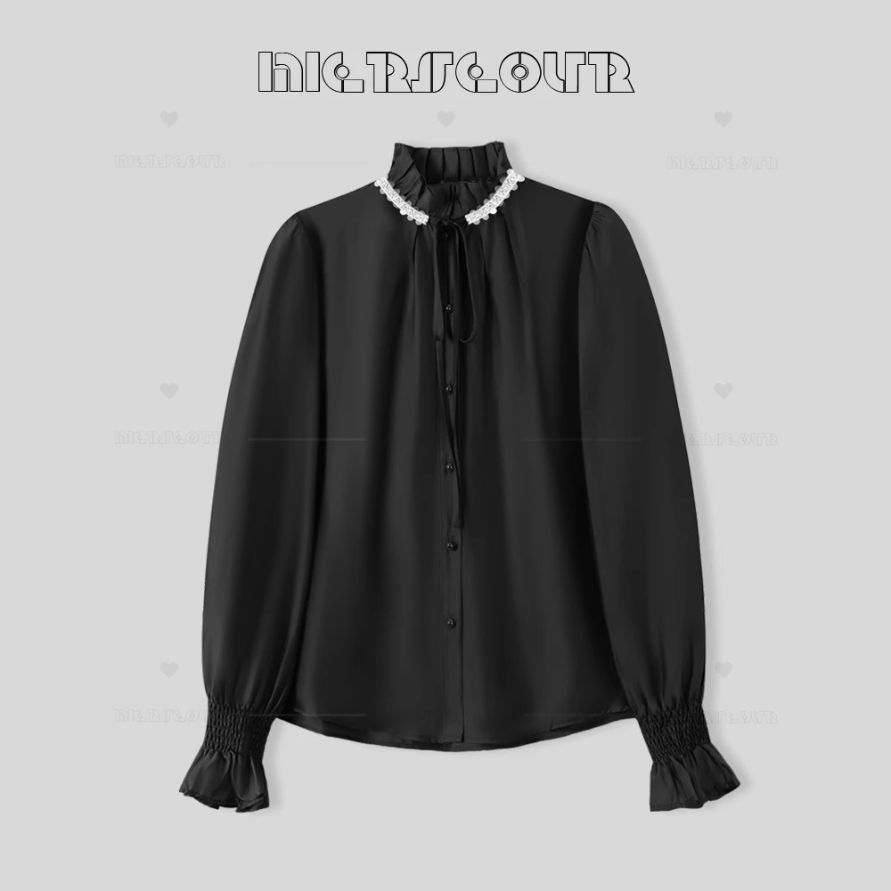新款优雅珠光绑带衬衫上衣58620
