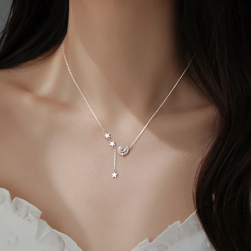 坠链均925银仿珍珠 纯银星月项链女气质轻奢锁骨链设计感小众ins