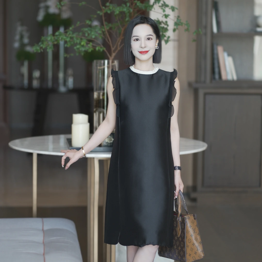 罗美拉 夏季法式精致气质高级感赫本撞色木耳边连衣裙#654
