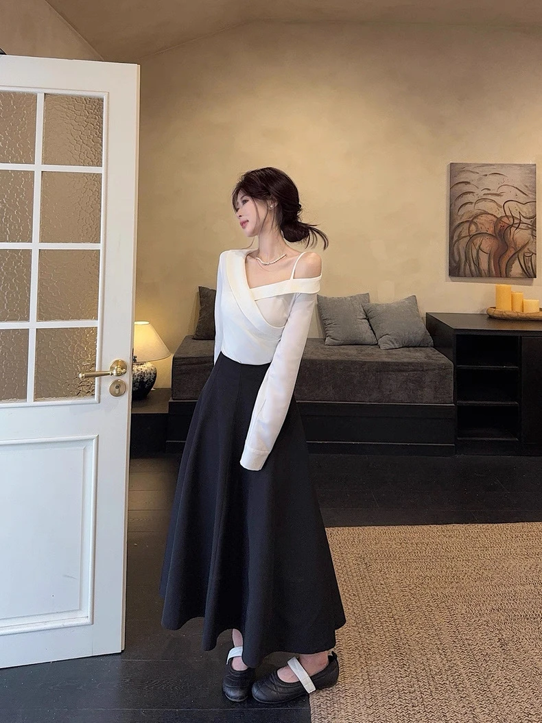 Neo Studio 长袖露肩衬衫高腰半身小黑裙气质两件套