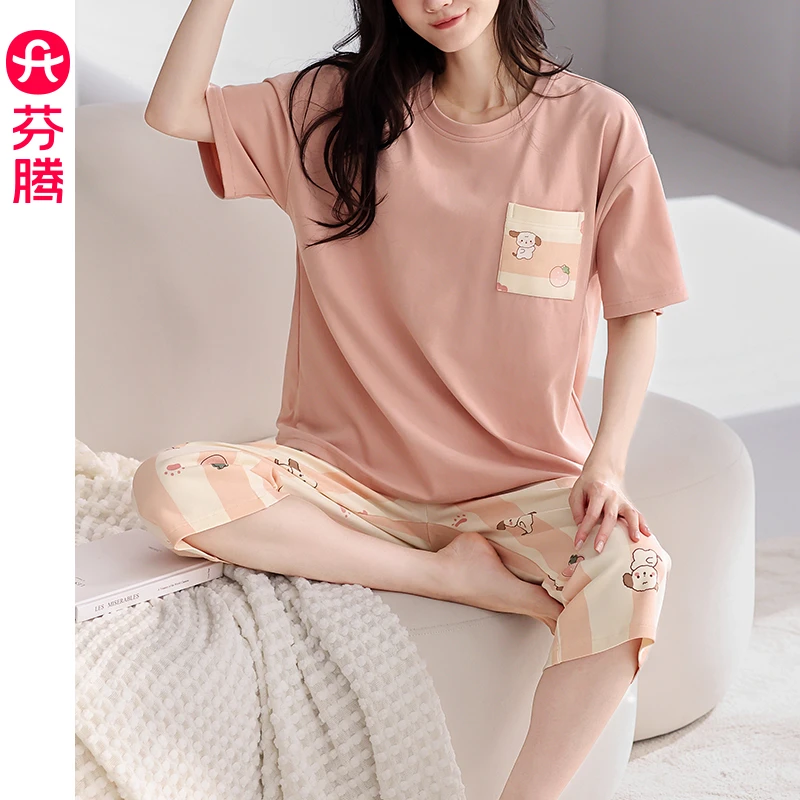 芬腾睡衣女夏季纯棉短袖100%全棉夏天薄款2024年新款可外穿家居服