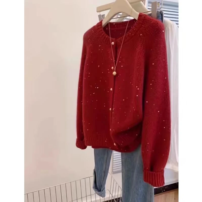 红色新年亮片毛衣外套女秋冬设计感过年本命年时尚百搭针织开衫