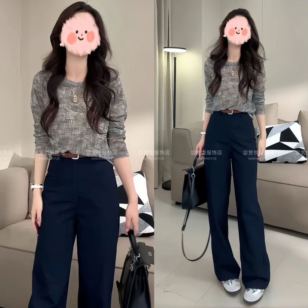 2025秋冬新款韩版时尚休闲百搭女装网纱上衣+西装裤两件套显瘦潮