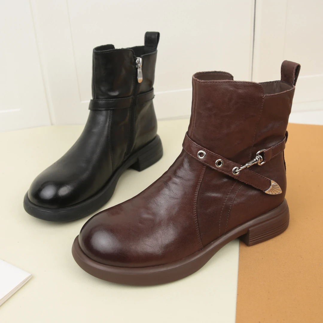 3064冬季新款真皮粗跟机车短靴女加绒保暖圆头侧拉链切尔西靴