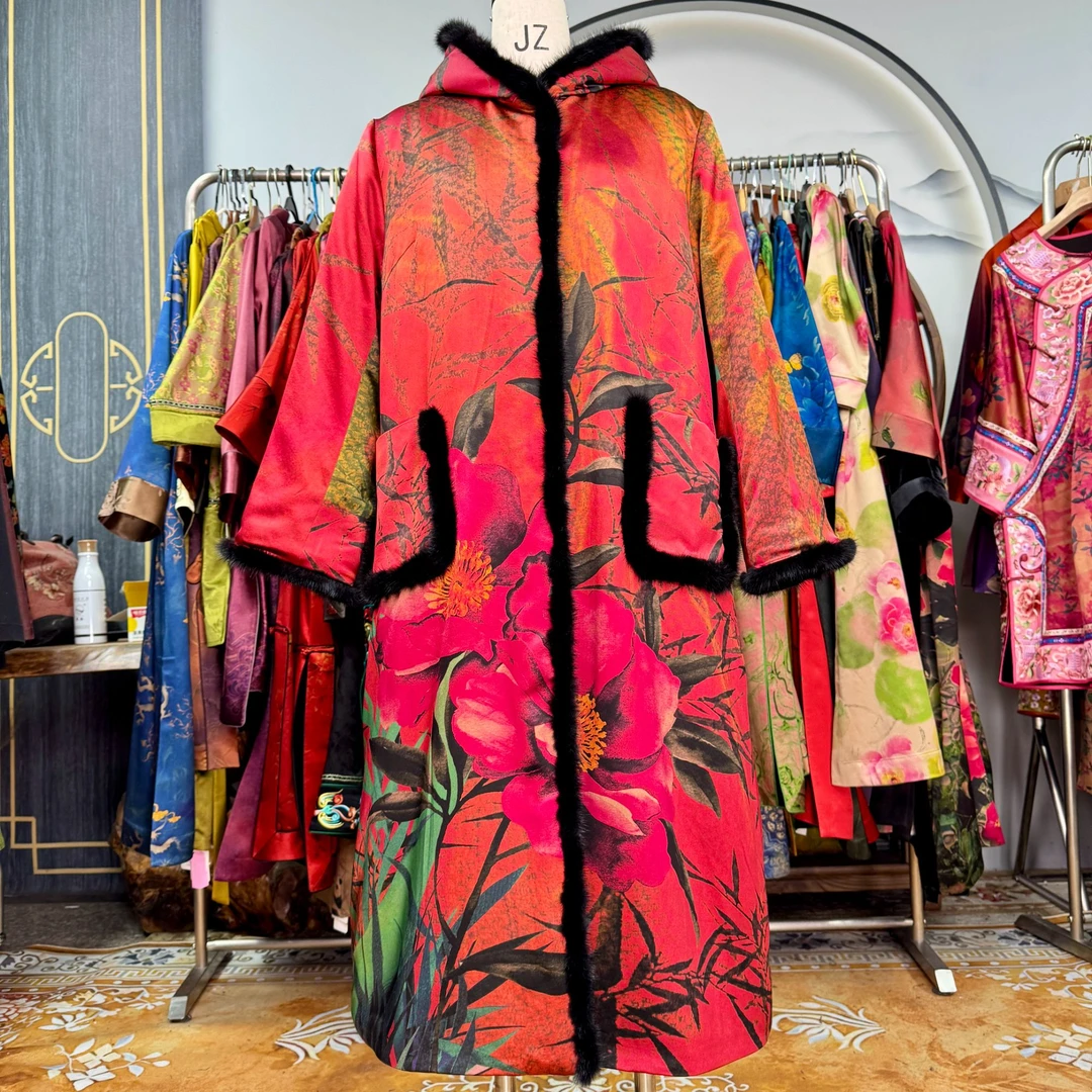 60姆米红色牡丹花棉服100桑蚕丝香云纱面料中国风