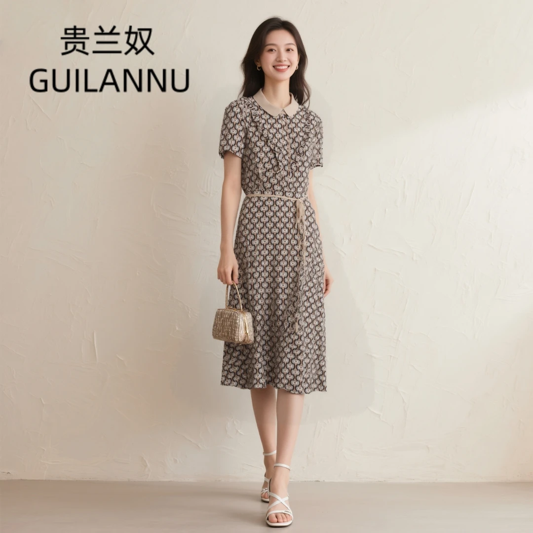 W919夏季新款印花翻领连衣裙气质修身日系