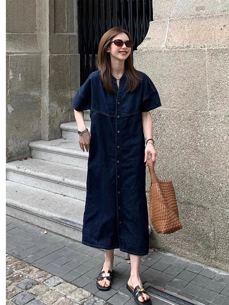 牛仔连衣裙显瘦大码复古气质中长款法式短袖韩系温柔小个子度假