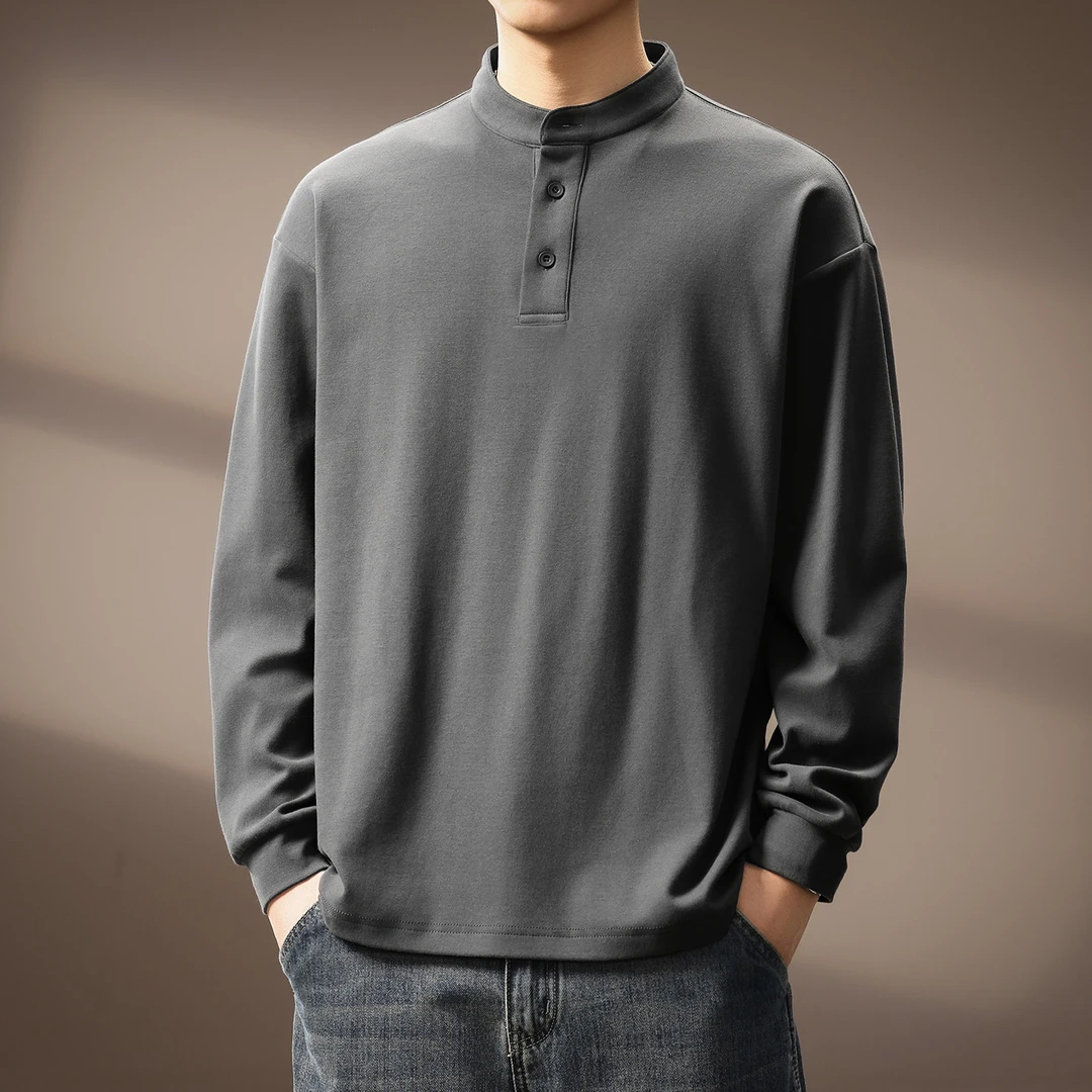高端美式复古亨利领长袖T恤男士秋季新款中高领潮牌痞帅休闲上衣