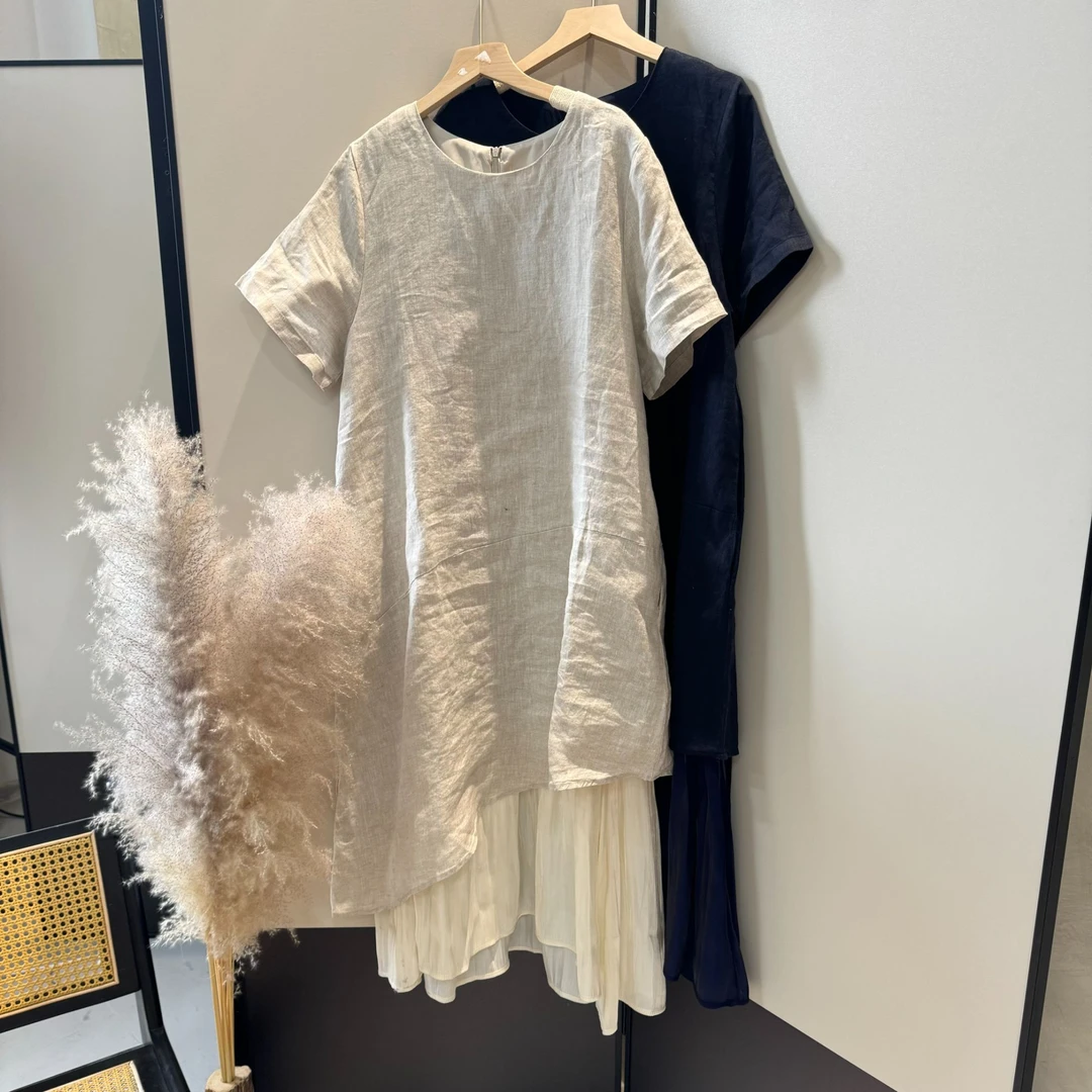 亚麻纯色高级感不规则斜裁下摆拼接连衣裙长裙