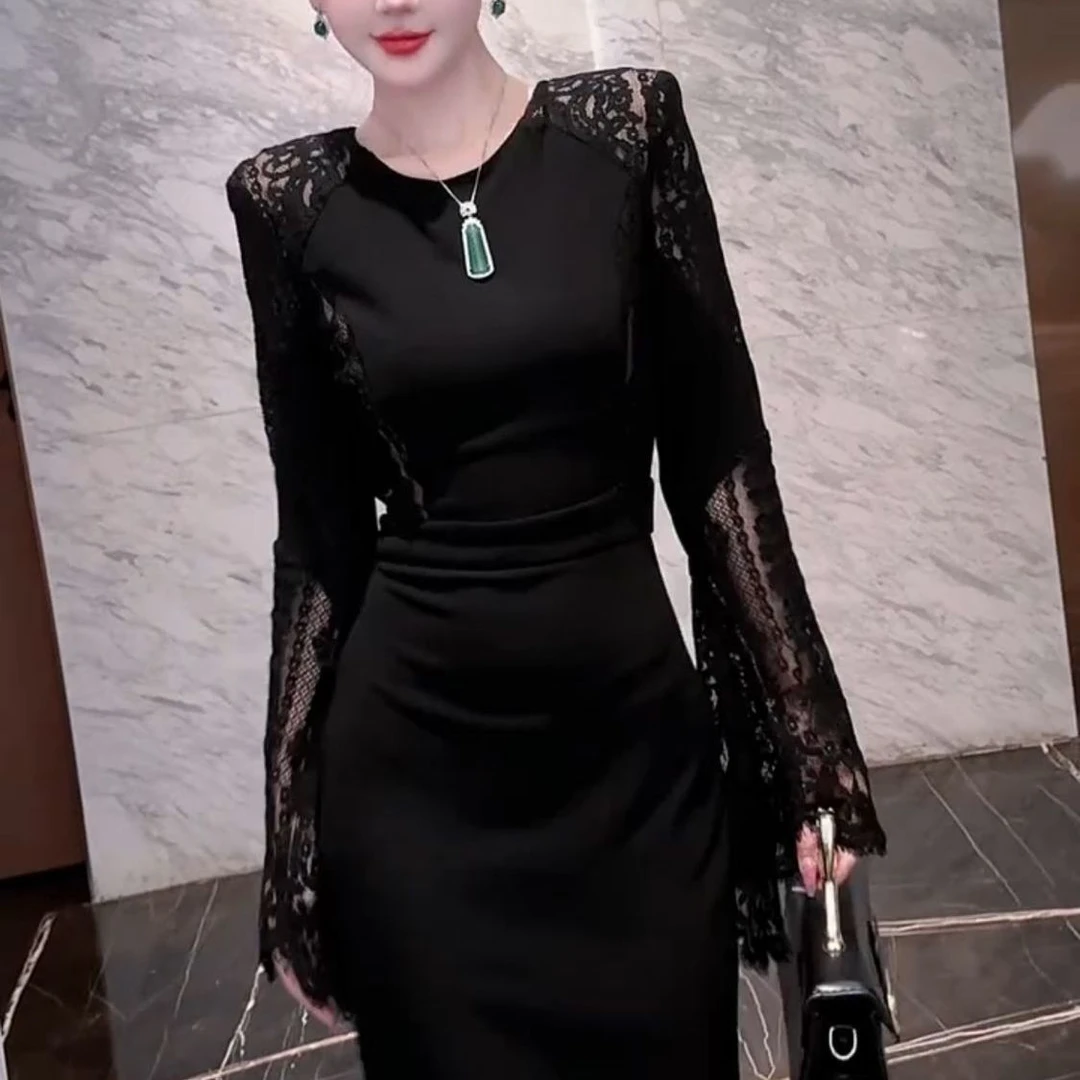 492025秋季新款法式高级蕾丝长袖连衣裙长款包臀裙显瘦鱼尾裙修