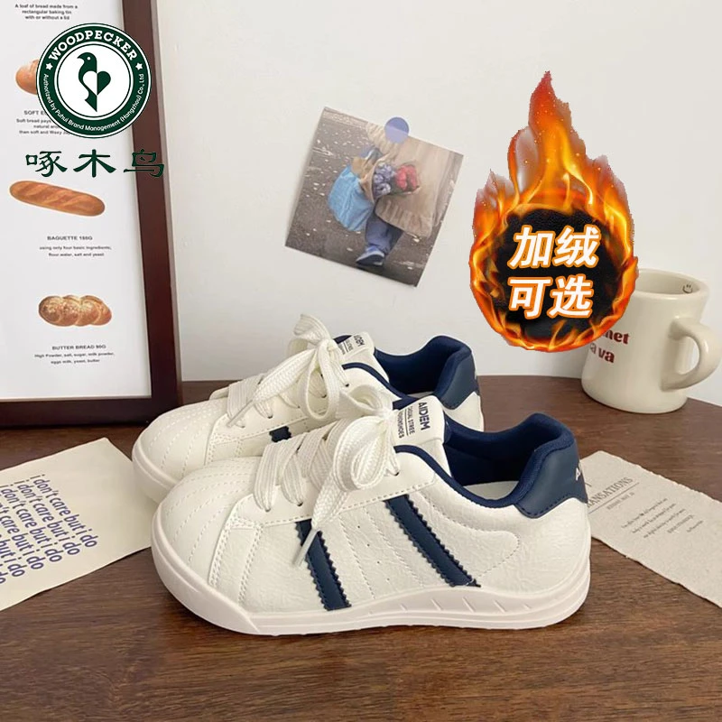 啄木鸟加绒丑萌厚底小白鞋女德训秋冬季小众韩版透气学生运动板鞋