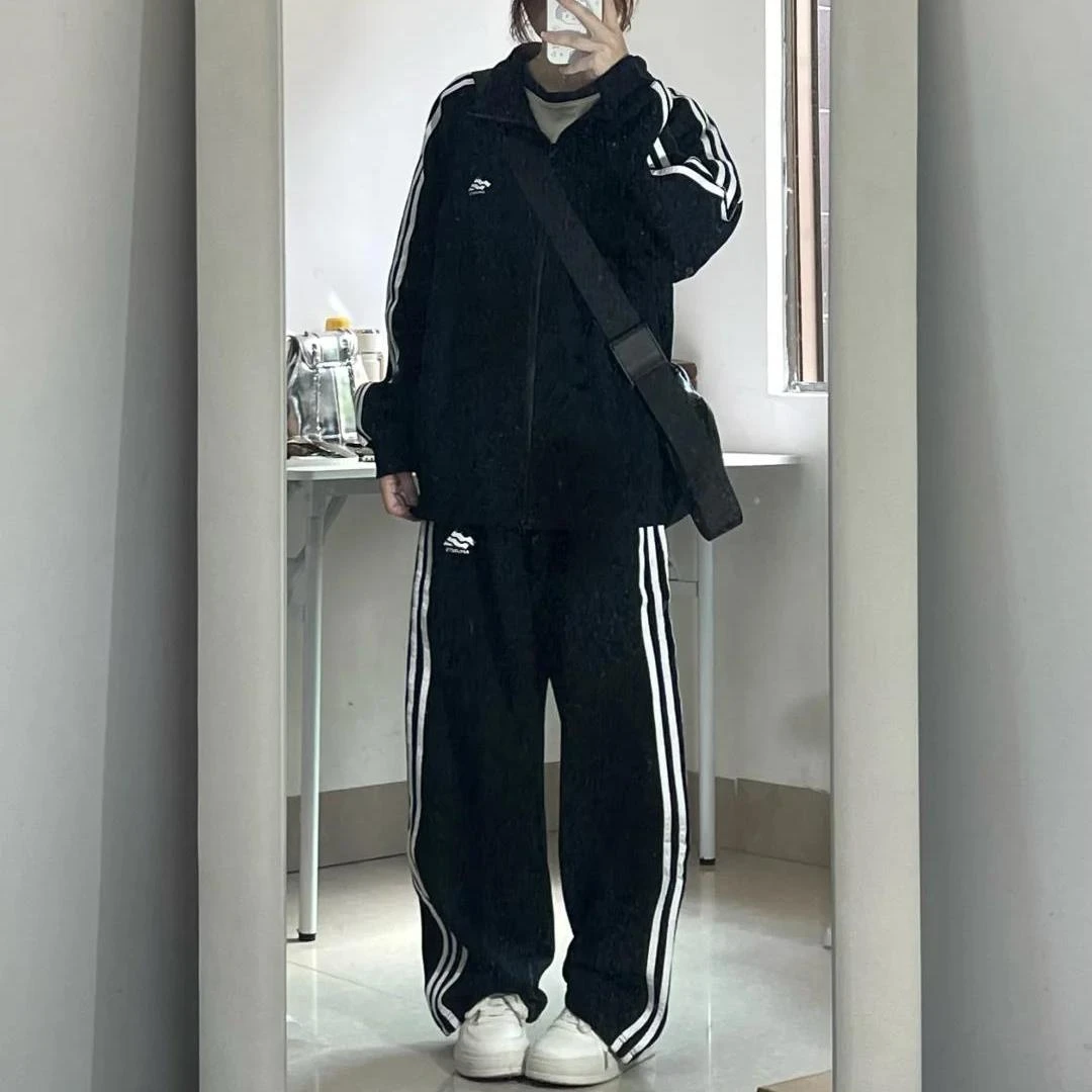 三条杠黑色运动服套装女春秋季学生韩版宽松显瘦休闲两件套跑步服