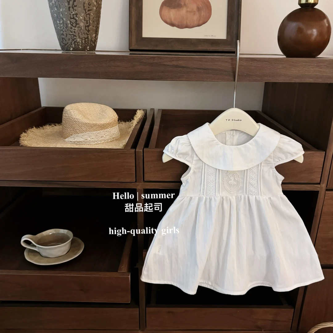 【甜品起司】挚爱小白裙！法式复古女宝宝娃娃领刺绣蕾丝拼接公主裙