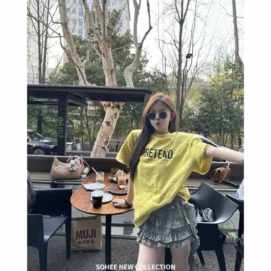 夏季新款垫肩阔版宽松盖屁屁【PR小字母】半袖