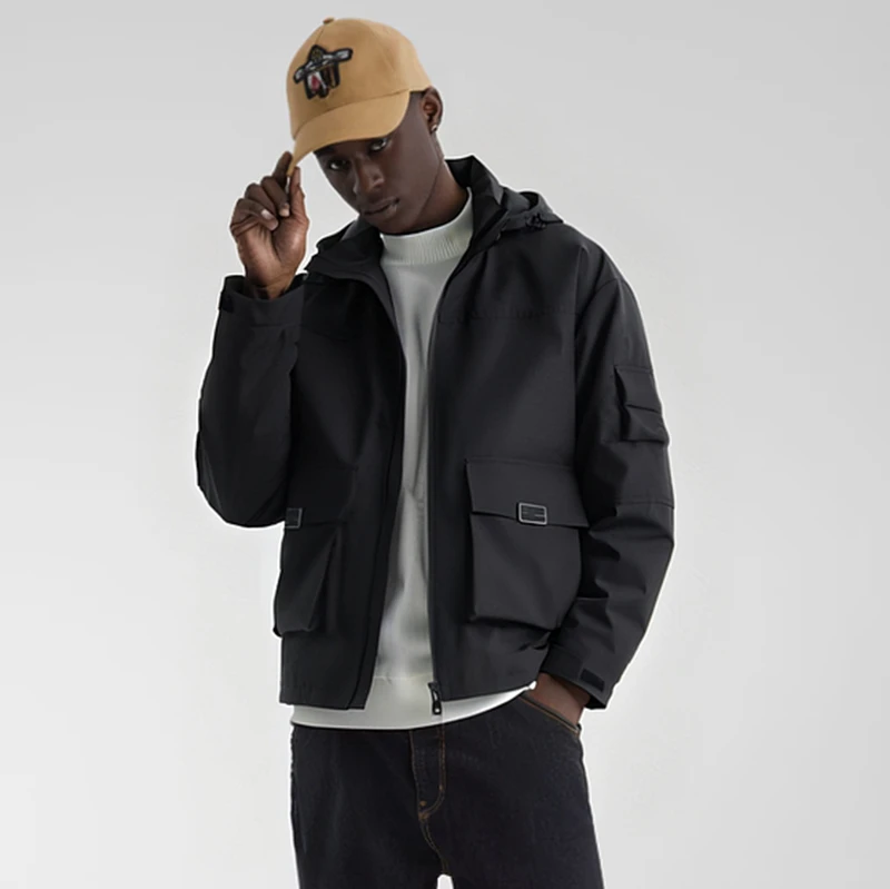 男士黑色冲锋衣夹克春秋潮牌轻奢单层高级连帽户外加厚单外套百搭