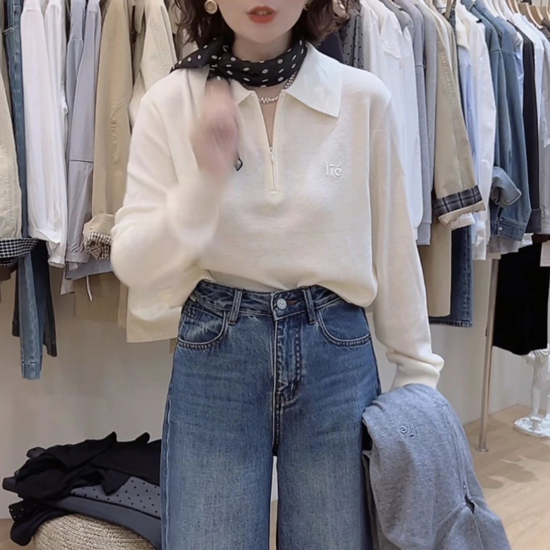 82656韩系lte字母polo领纯色套头针织2025秋季新款针织衫