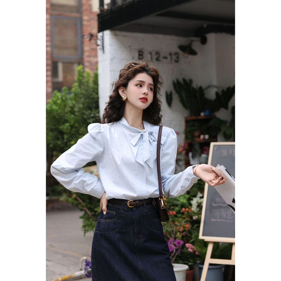 陈佳洁【山涧清泉】港风复古绑带女显瘦百搭上衣衬衫JA1999470