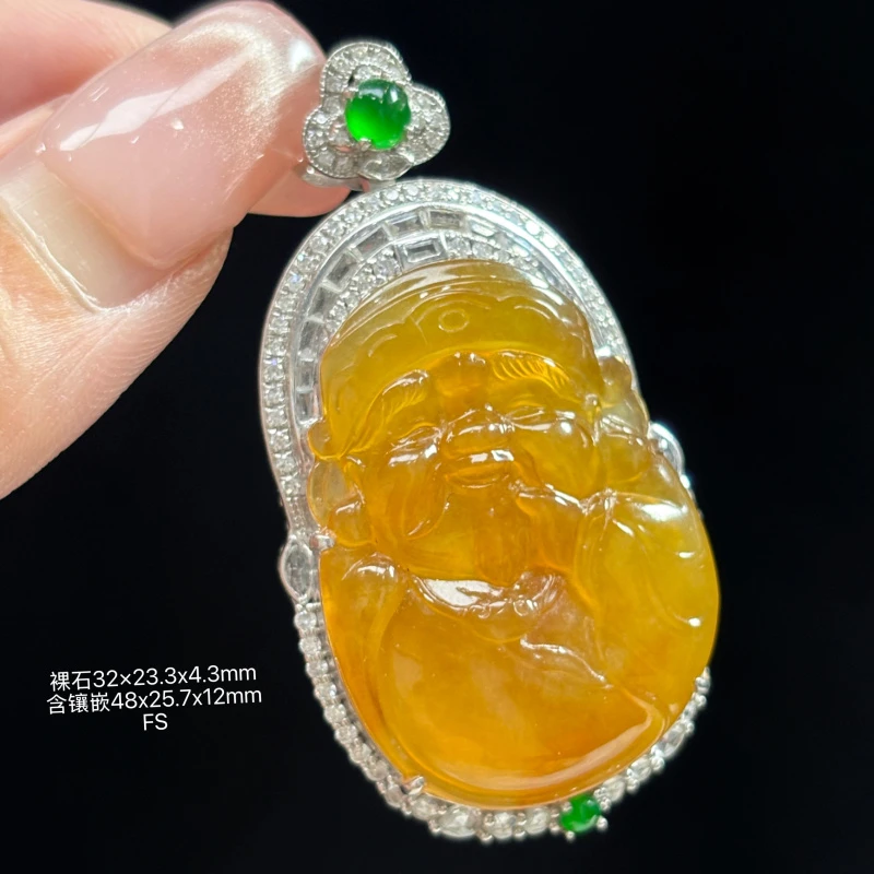 18K金镶嵌缅甸天然翡翠A货冰黄翡财神吊坠FS（下单咨询客服）