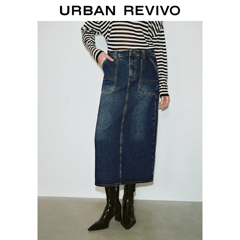 UR2025春季新款女装欧若风复古休闲水洗后开衩牛仔半裙UWJ850006