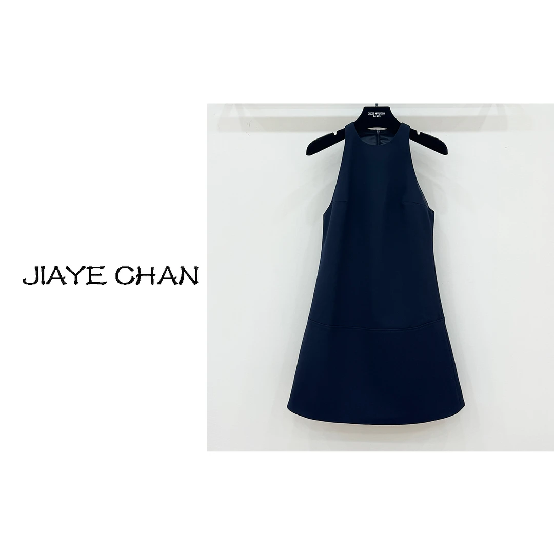 【西西高定】简约个性藏青色无袖挂脖连衣裙