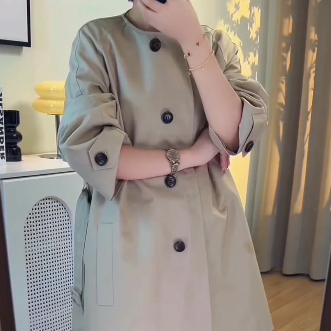 早秋极简中长款风衣收腰圆领百搭通勤外套女0815