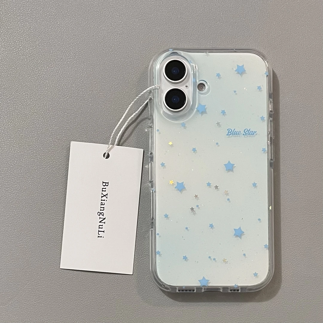 韩系ins透蓝晕染英文星星适用苹果16pro手机壳iPhone15全包14/13