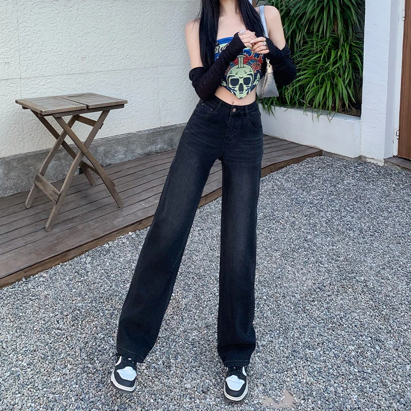 深蓝窄版阔腿裤女25年新款春秋时尚高腰遮肉显瘦直筒弹力牛仔裤