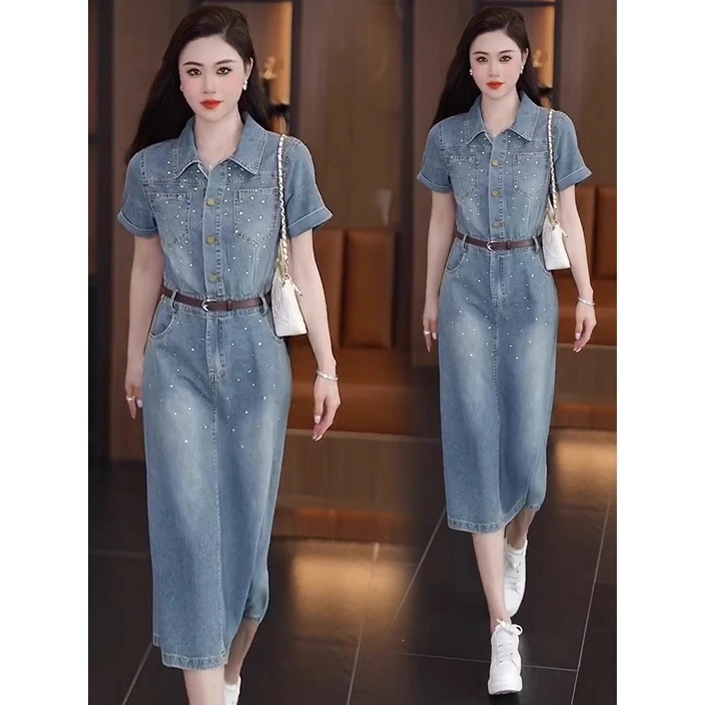 气质时尚烫钻中长款牛仔裙女2025夏修身显瘦减龄休闲连衣裙82512
