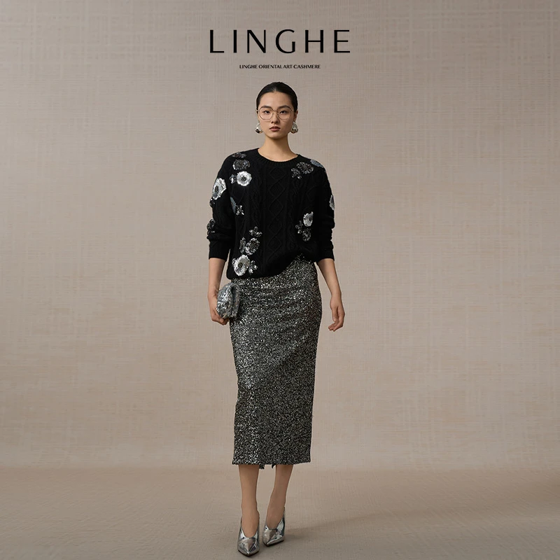 翎禾LINGHE「海棠未雨 」-圆领气质重工钉珠绞花纯羊绒针织套头衫