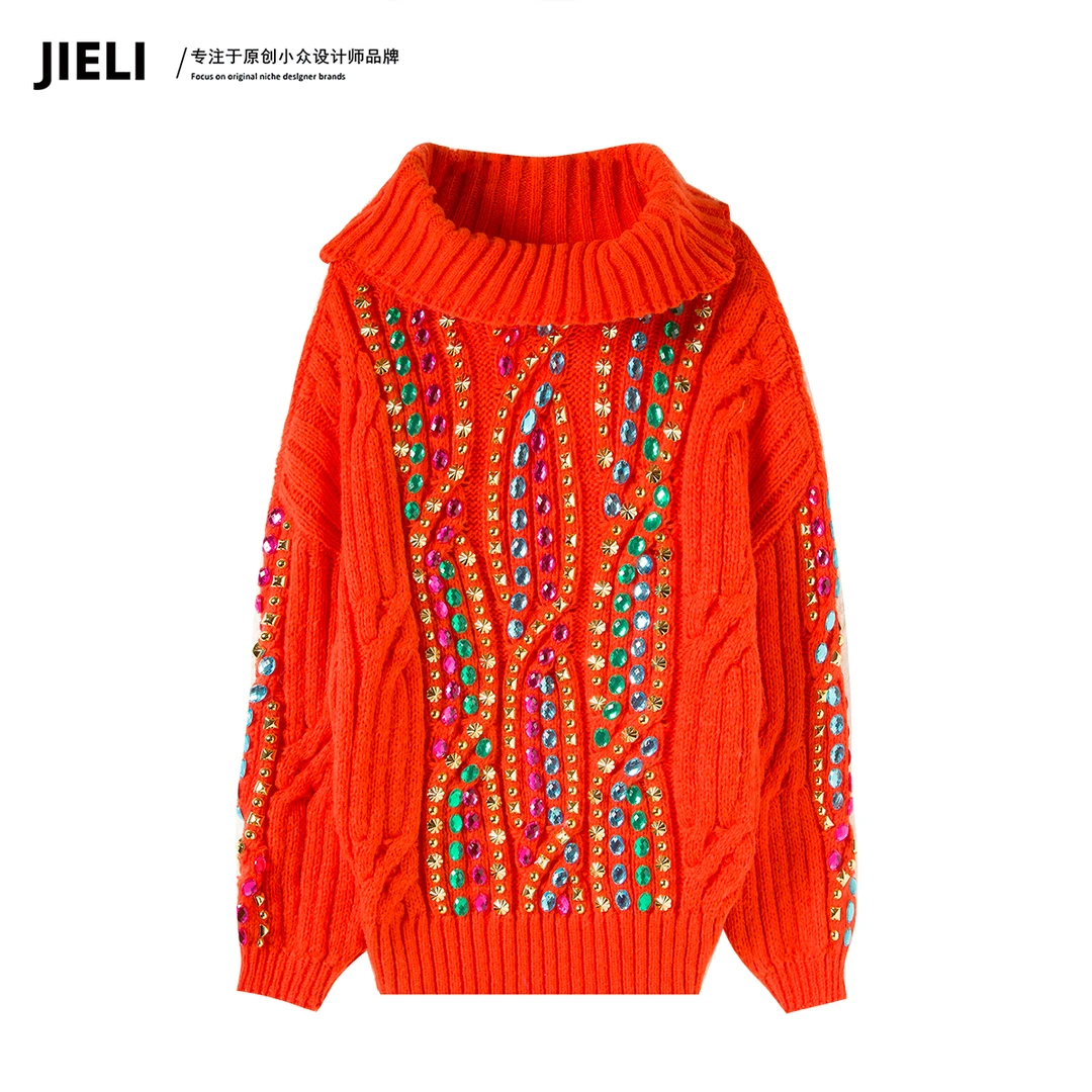 JIE LI/街力原创小众设计高级感休闲时尚橙色毛衣女A9883