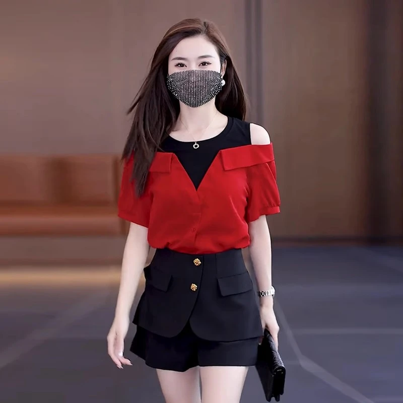 La babite假两件时尚衬衫女2025年夏季新款时髦拼接露肩短袖上衣