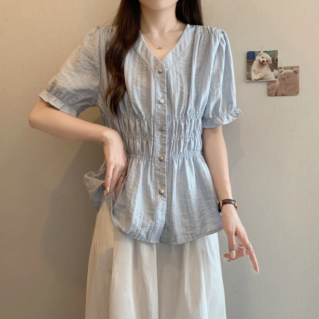 大码v领掐腰泡泡袖衬衫女2025夏季新款胖mm显瘦减龄短袖小衫上衣