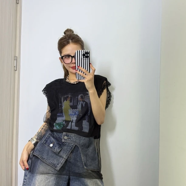 【San W】夏季蕾丝网纱潮流拼接飞飞袖个性印花T恤