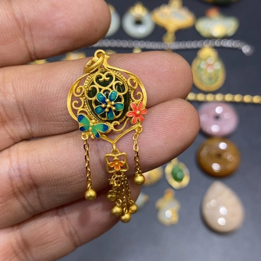 和田玉颈饰银S925镀金镶嵌