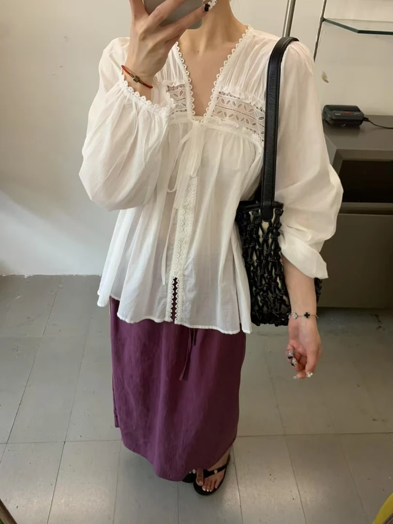 复古刺绣系带V领长袖防晒衬衫女夏季韩系温柔风上衣