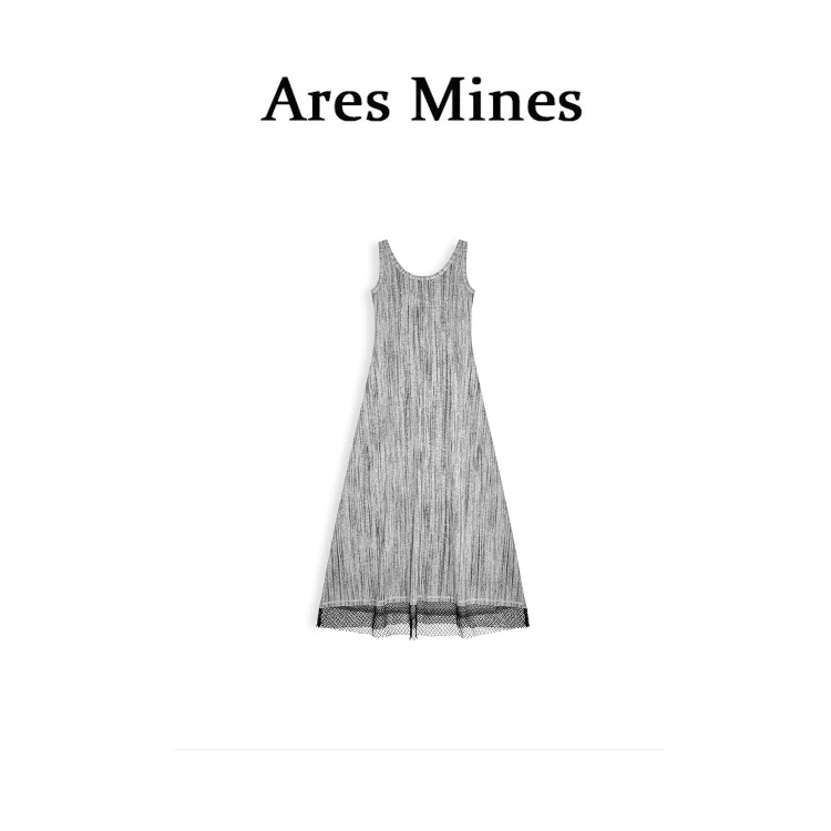 【盛朗熙Ares Mines】山水墨染 竖条纹理A字版无袖背心长裙连衣裙