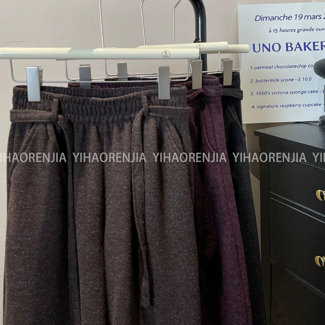 腰绳加绒裤毛呢加绒休闲裤女