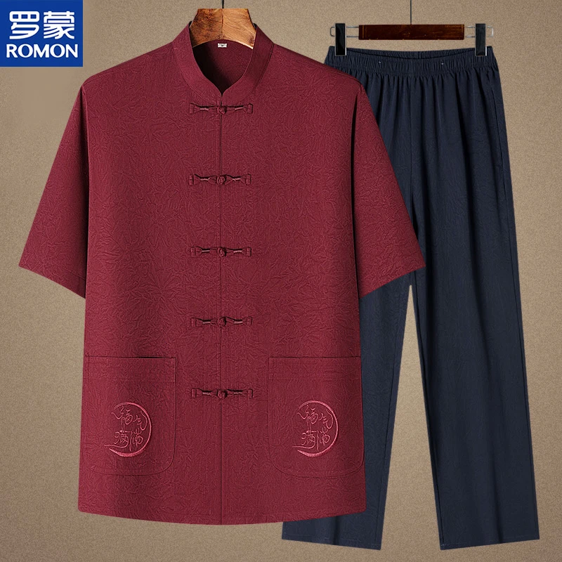 罗蒙中老年夏装男士国风唐装2025新款爸爸夏季冰丝短袖两件套装