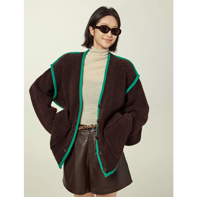 美洋MEIYANG阿勒泰开衫羊毛混纺复古撞色V领排扣宽松针织衫毛衣