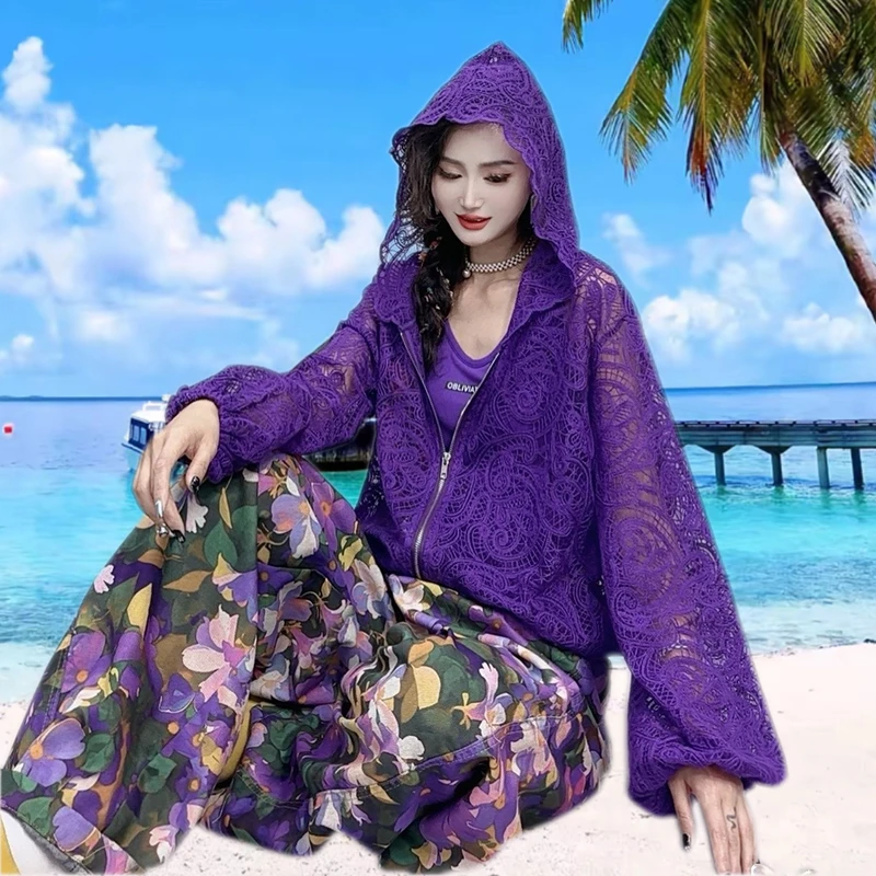 原创新款复古连帽拉链蕾丝镂空外套女2025夏季短款防晒外套-7007